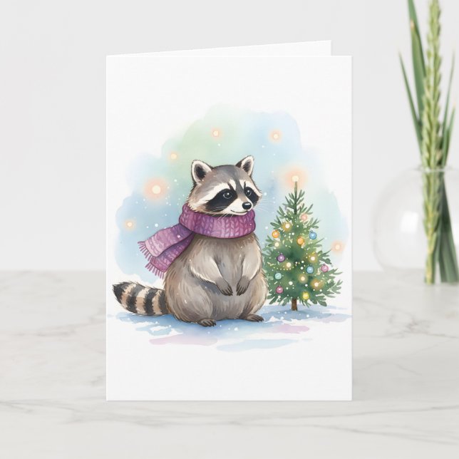 Watercolor Raccoon Cute Winter Woodland Holiday Karte (Vorderseite)