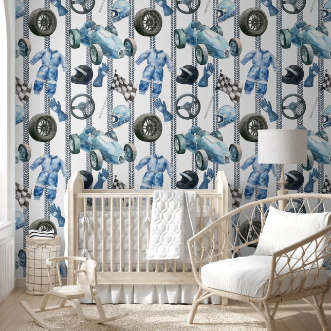 Watercolor Race Car & Gear Patter Tapete (Kinder)