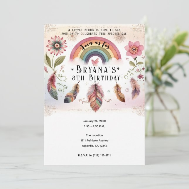 Watercolor Rainbow Bird & Feathers Boho Geburtstag Einladung (Stehend Vorderseite)