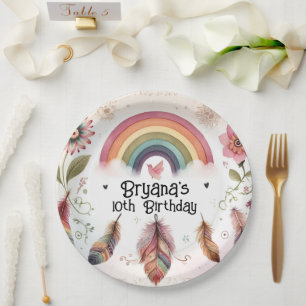 Watercolor Rainbow Bird & Feathers Boho Geburtstag Pappteller