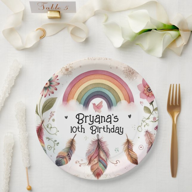 Watercolor Rainbow Bird & Feathers Boho Geburtstag Pappteller (Hochzeit)