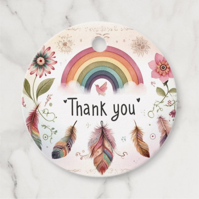 Watercolor Rainbow Bird & Feathers Boho Vielen Dan Geschenkanhänger (Vorderseite)