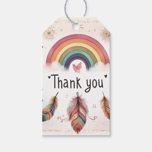 Watercolor Rainbow Bird & Feathers Boho Vielen Dan Geschenkanhänger (Vorderseite)