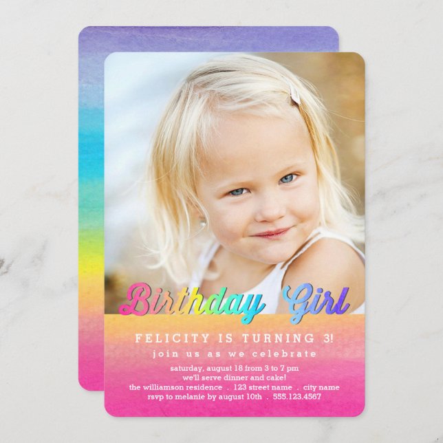 Watercolor Rainbow Birthday Party Einladung (Vorne/Hinten)