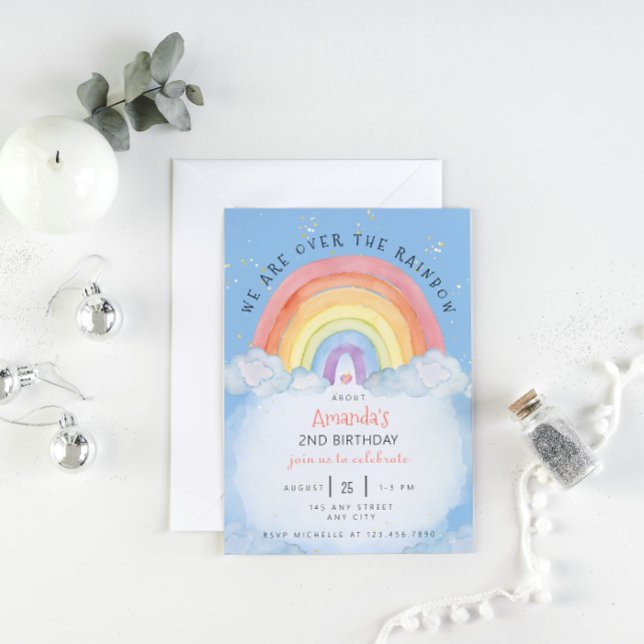 Watercolor Rainbow Birthday Party Einladung (watercolor rainbow birthday party blue)