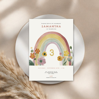 Watercolor Rainbow Flowers 3rd Birthday Party Einladung