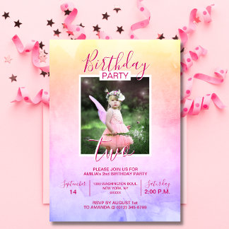 Watercolor Rainbow Girl BIRTHDAY 2. ZWEI | FOTO Einladung