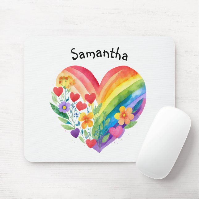 Watercolor Rainbow Heart & Flowers Personalized Mousepad (Mit Mouse)