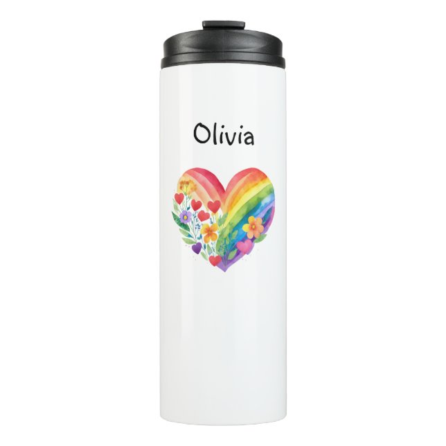 Watercolor Rainbow Heart Personalized Thermosbecher (Vorderseite)