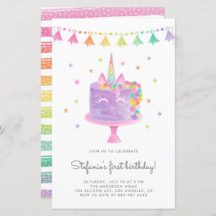 Watercolor Rainbow Unicorn Cake Birthday Einladung