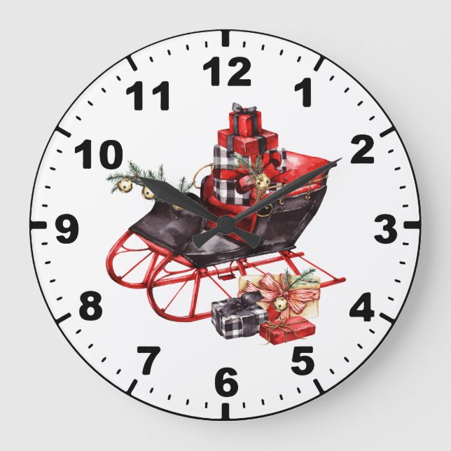 Watercolor Red and Black Sleigh Packages Christmas Große Wanduhr (Vorderseite)