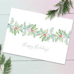 Watercolor Red and Green Stylish Christmas Card Feiertagskarte<br><div class="desc">This stylish non photo holiday card features my original hand painted watercolor holly and berries in shades of red and green on a crisp white background. The words Merry Christmas are set in a modern brush script typography. The inside features a solid complimentary sage green color with your custom greeting...</div>