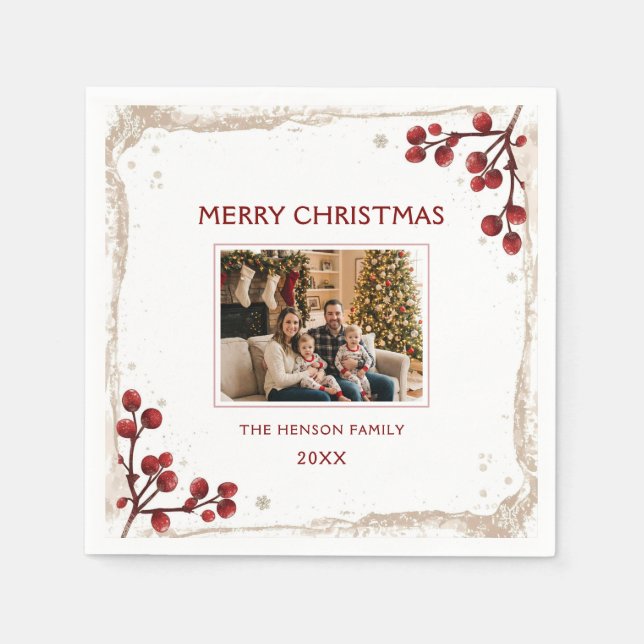 Watercolor Red Berry Winter Wreath Family Photo Serviette (Vorderseite)