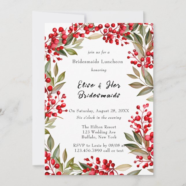 Watercolor Red Berry Wreath Bridesmaids Luncheon Einladung (Vorderseite)