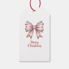 Watercolor Red & Blue Bow Merry Christmas Tag Geschenkanhänger
