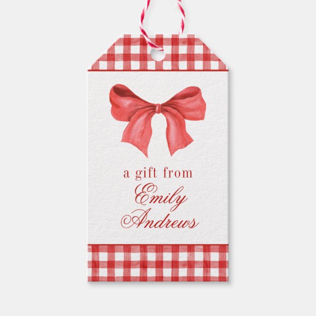 Watercolor Red Bow Gingham Geschenkanhänger (Vorderseite)