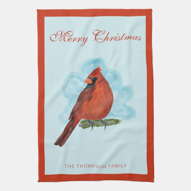 Watercolor Red Cardinal Bird Merry Christmas Geschirrtuch (Vertikal)