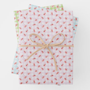 Watercolor Red Cherry Pastel Color Gingham Geschenkpapier Set