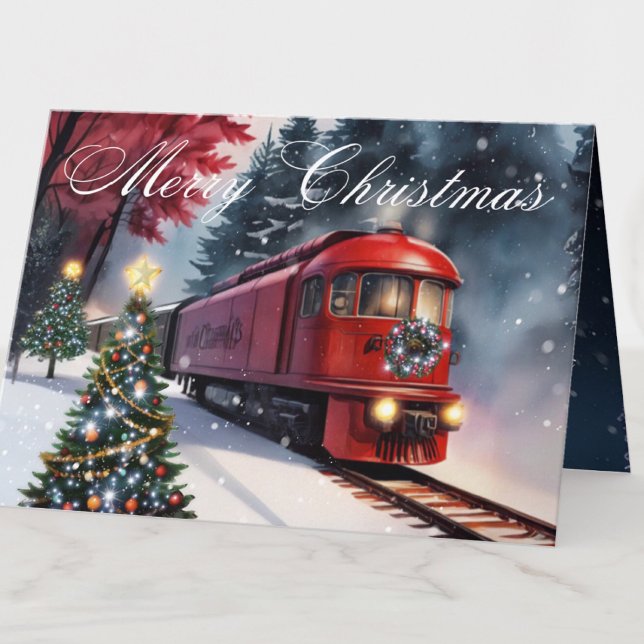Watercolor Red Christmas Trolley Holiday Foto Karte (Von Creator hochgeladen)