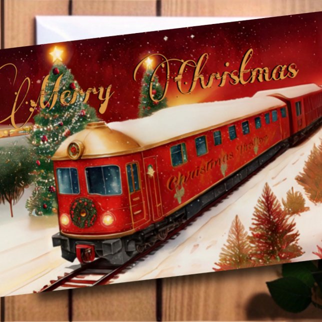 Watercolor Red Christmas Trolley Holiday Foto Karte (Von Creator hochgeladen)