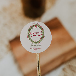 Watercolor Red Green Bow Wreath Frohe Weihnachten Runder Aufkleber
