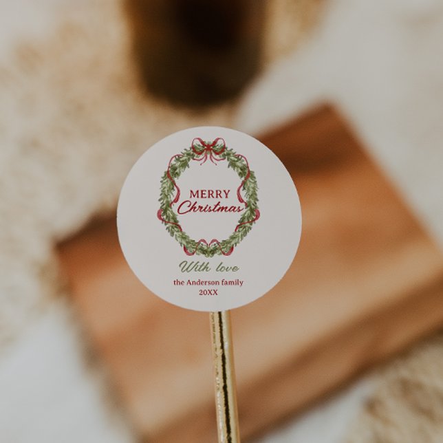 Watercolor Red Green Bow Wreath Frohe Weihnachten Runder Aufkleber (Von Creator hochgeladen)