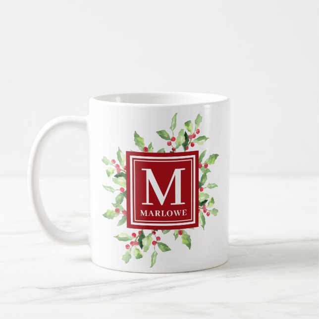 Watercolor Red Green Monogram Christmas Tasse (Links)
