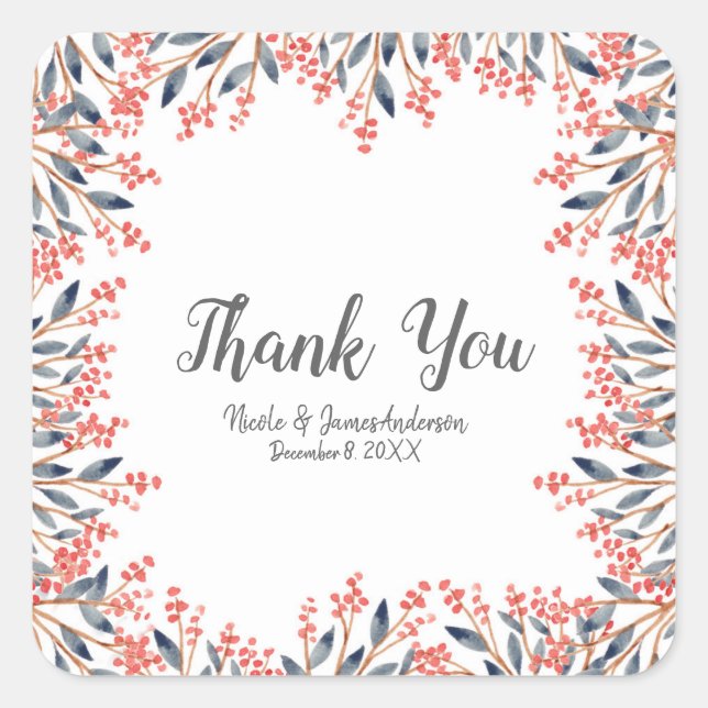 Watercolor Red Holiday Winter Berries Hochzeit Quadratischer Aufkleber (Vorderseite)