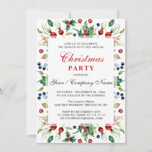 Watercolor Red Holly Berry Christmas Party Einladung