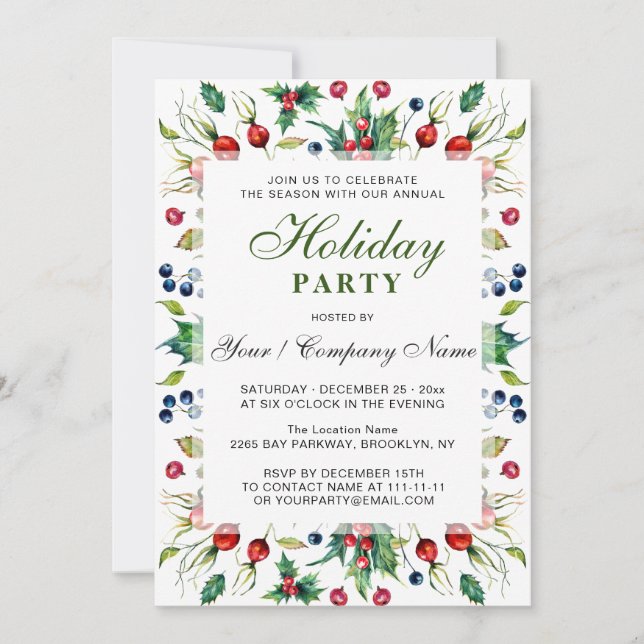 Watercolor Red Holly Berry Holiday Party Einladung (Vorderseite)