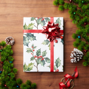 Watercolor Red Holly Berry Weihnachten Geschenkpapier