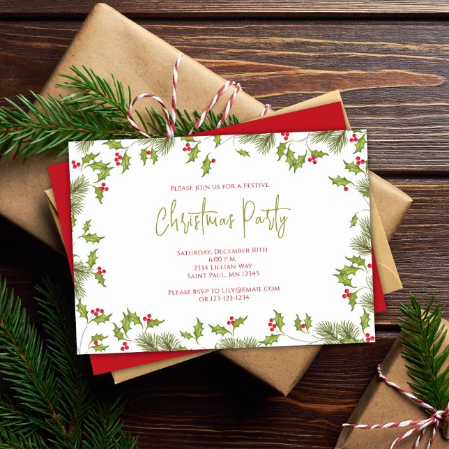 Watercolor Red Holly Christmas Party Custom Einladung (Red and green holly berries and leaves custom Christmas party invitations.)