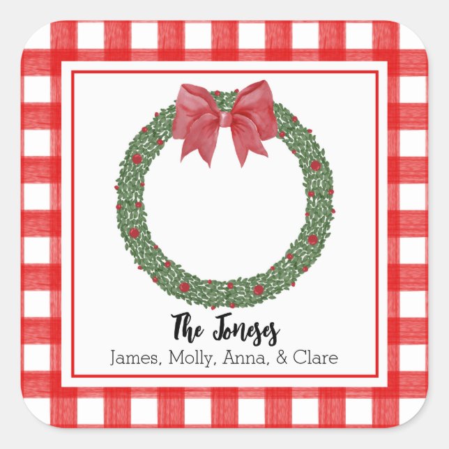 Watercolor Red Kariert Bow Christmas Wreath Gesche Quadratischer Aufkleber (Vorderseite)