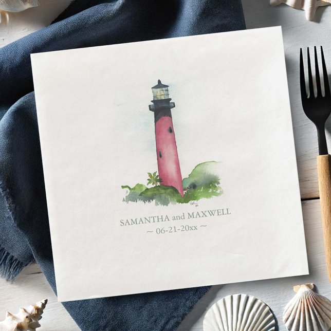 Watercolor Red Lighthouse Beach Wedding Serviette (Beach wedding napkins watercolor nautical lighthouse art by Victoria Grigaliunas of Do Tell A Belle)