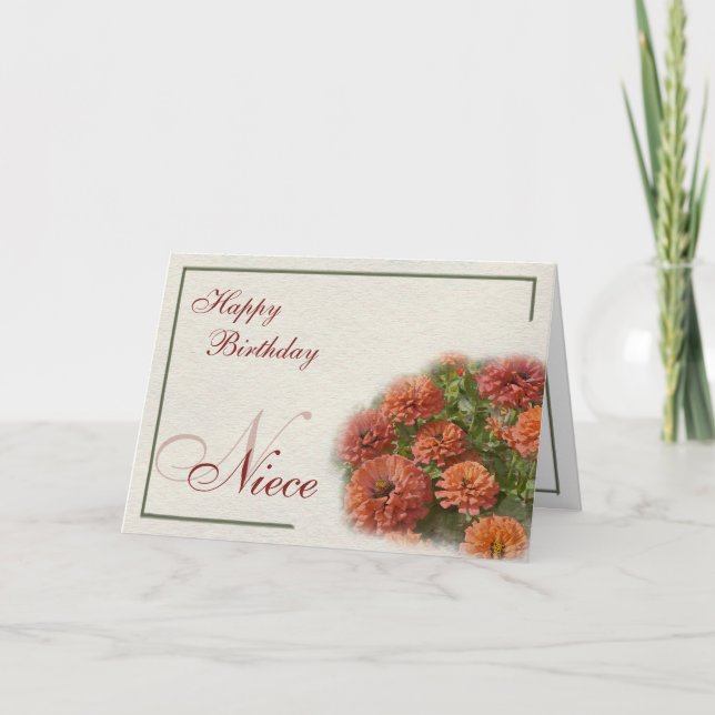 Watercolor Red & Orange Zinnias Niece Birthday Karte (Vorderseite)