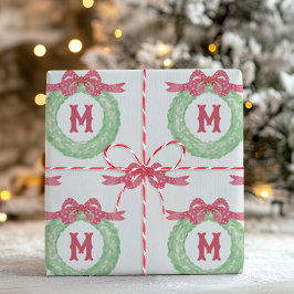 Watercolor Red Polka Dot Bow Monogram Wreath Geschenkpapier