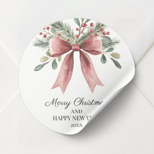Watercolor Red Ribbon Bow Holly Simple Christmas Runder Aufkleber