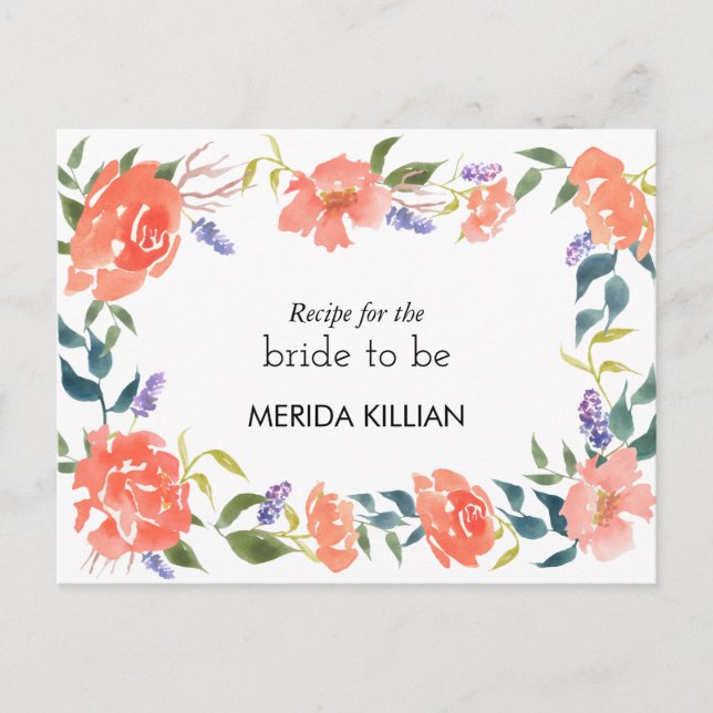 Watercolor Red Rose Flowers Bridal Shower Recipe Postkarte (Vorderseite)