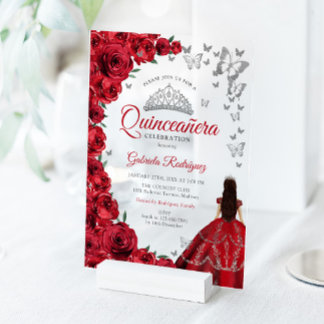 Watercolor Red Roses Silver Quinceanera Acryleinladungen