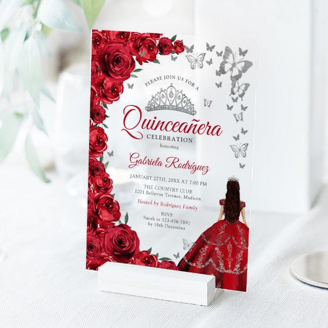 Watercolor Red Roses Silver Quinceanera Acryleinladungen (Von Creator hochgeladen)