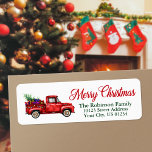 Watercolor Red Truck Merry Christmas String Lights<br><div class="desc">Ein schönes Rücksendeetikett mit modernem Kalligrafieschrift Frohe Weihnachten mit einem maßgeschneiderten,  klassischen Aquarell mit Saitenleuchten und gefüllt mit einem Baum und Geschenken für alle.</div>