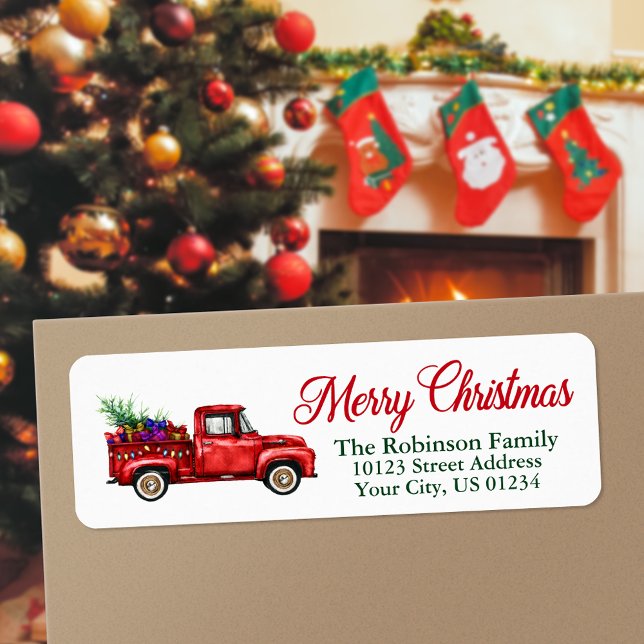 Watercolor Red Truck Merry Christmas String Lights (Several label types to choose from.)