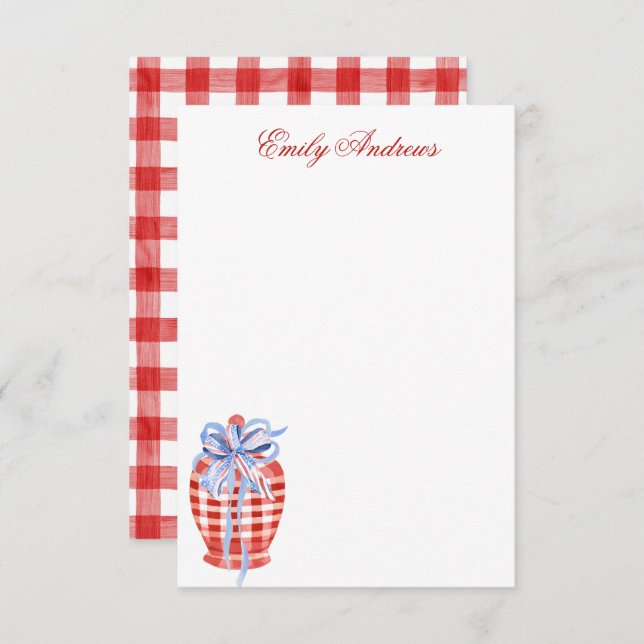 Watercolor Red & White Gingham Bow Ginger Jar Dankeskarte (Vorne/Hinten)