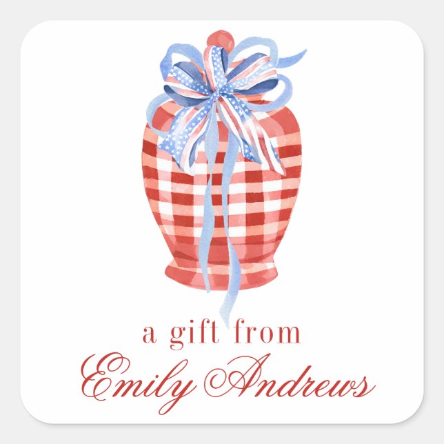 Watercolor Red & White Gingham Bow Ginger Jar Quadratischer Aufkleber (Vorderseite)