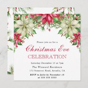 Watercolor Red & White Poinsettia Weihnachtsabend Einladung