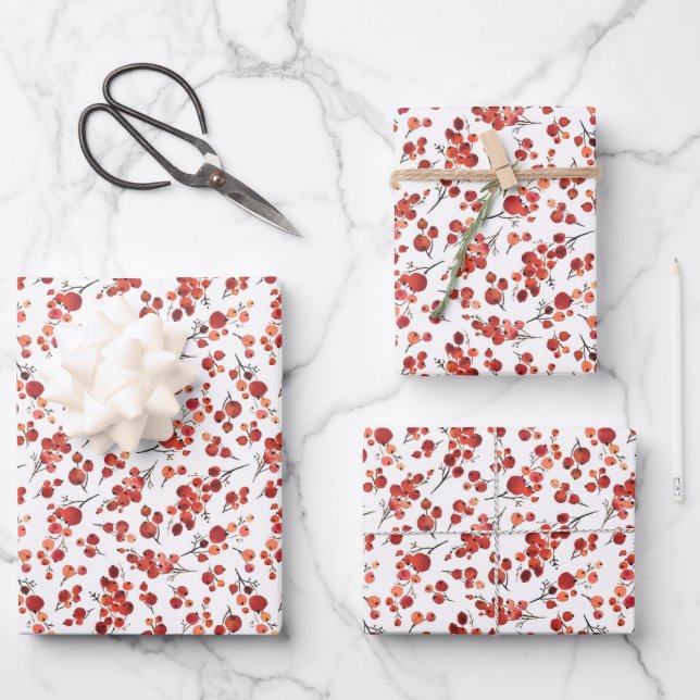 Watercolor Red Winterberry Holly Christmas Pattern Geschenkpapier Set (Vorderseite)
