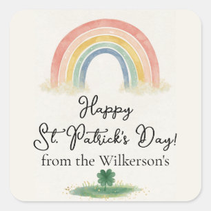 Watercolor Regenbogen & Kleeblatt St. Patrick's Da Quadratischer Aufkleber