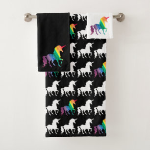 Watercolor-Regenbogenunicorn-Schwarz-weißes Muster Badhandtuch Set