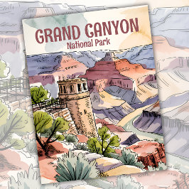 Watercolor Retro Grand Canyon Wüstenwatchtower Postkarte