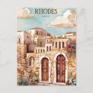 Watercolor Rhodes Greece Travel Poster Mediterra Feiertagspostkarte